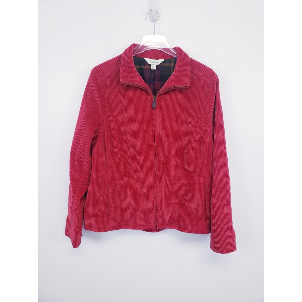 LL Bean Womens Red Corduroy Full Zip Jacket Plaid Flannel Lined Size Large